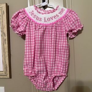 “Jesus Loves Me” baby girl bubble 12-18 months